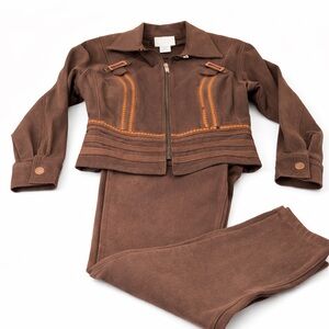 Cache Brown Pantsuit with Orange Stitching Accents-Y2K